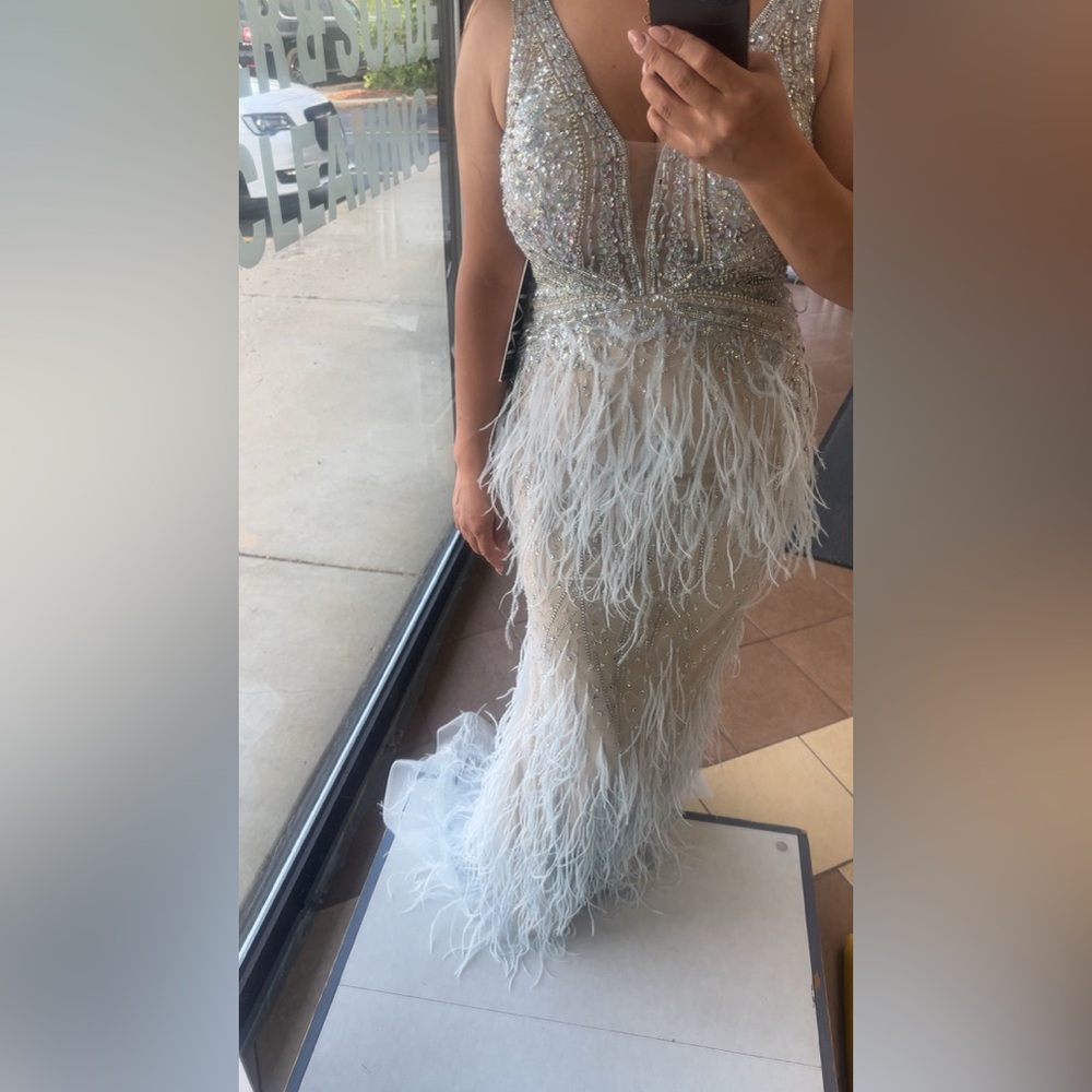 Jovani 03023 Sheer Embellished Bodice Feather Prom Dress